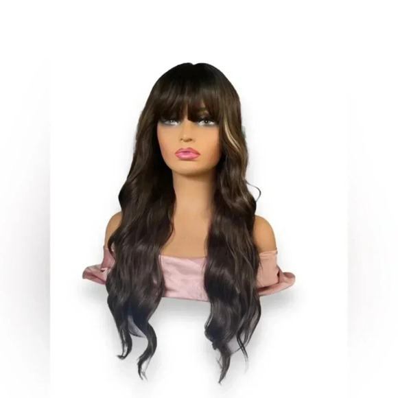 26 Inch Long Brown Wavy Wig with Light Blonde highlights - Picture 2 of 8